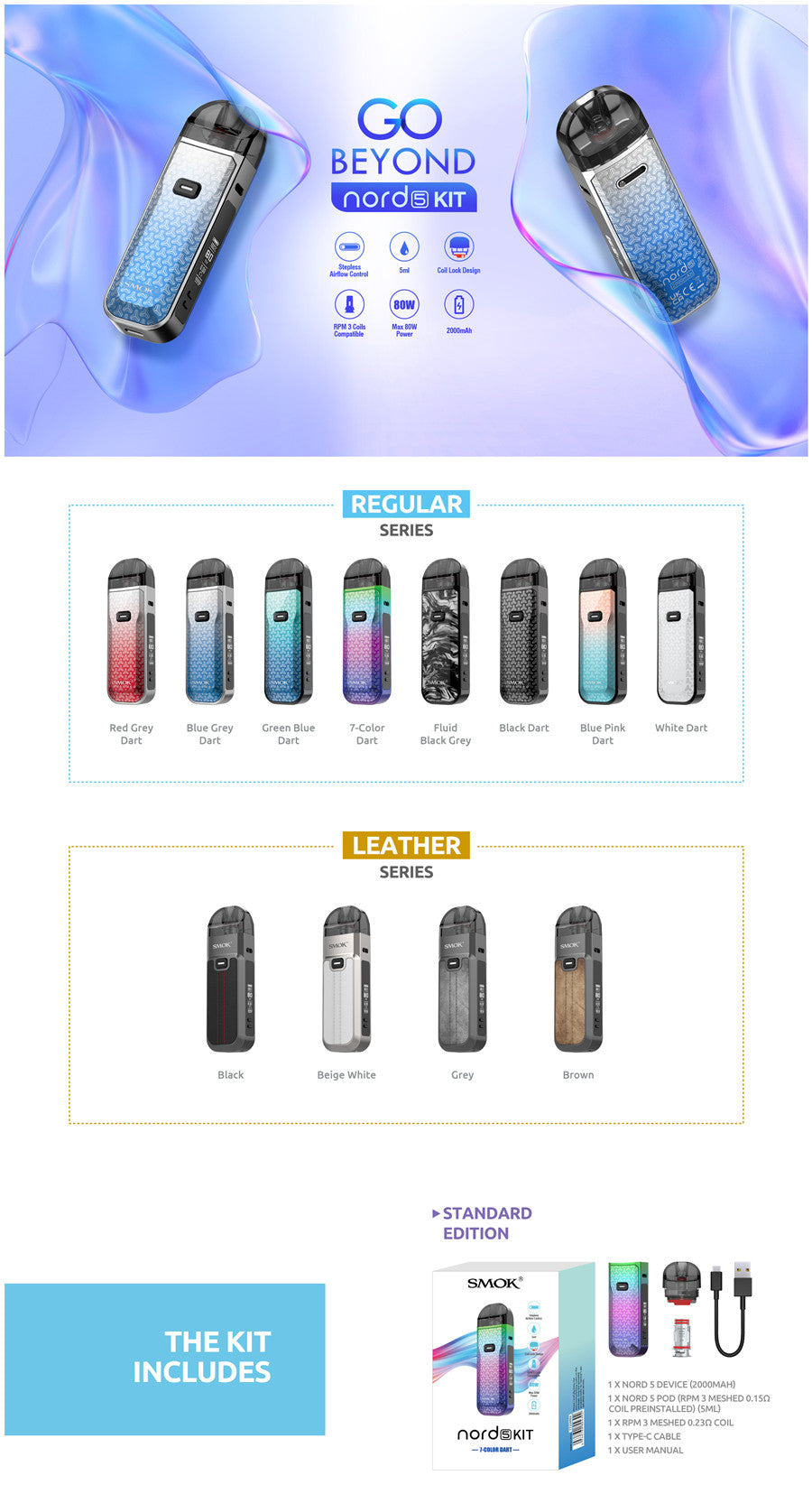 Original 80W SMOK Nord 5 Pod System Starter Kit 2000mAh Battery 5ML Pod Cartridge free shipping