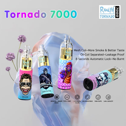 Original RandM Tornado 7000 Puffs Glowing 14ml 1000mAh Vape Kit Device (Free Shipping)