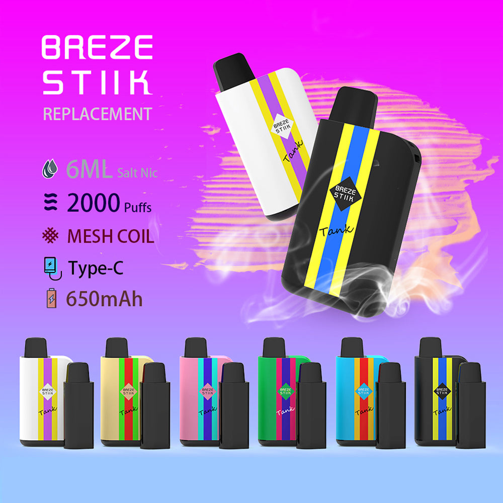 Original Breze Stiik Tank 2000 Puffs 6500mAh Replaceable Cartridge Vape Kit Device (Free Shipping)